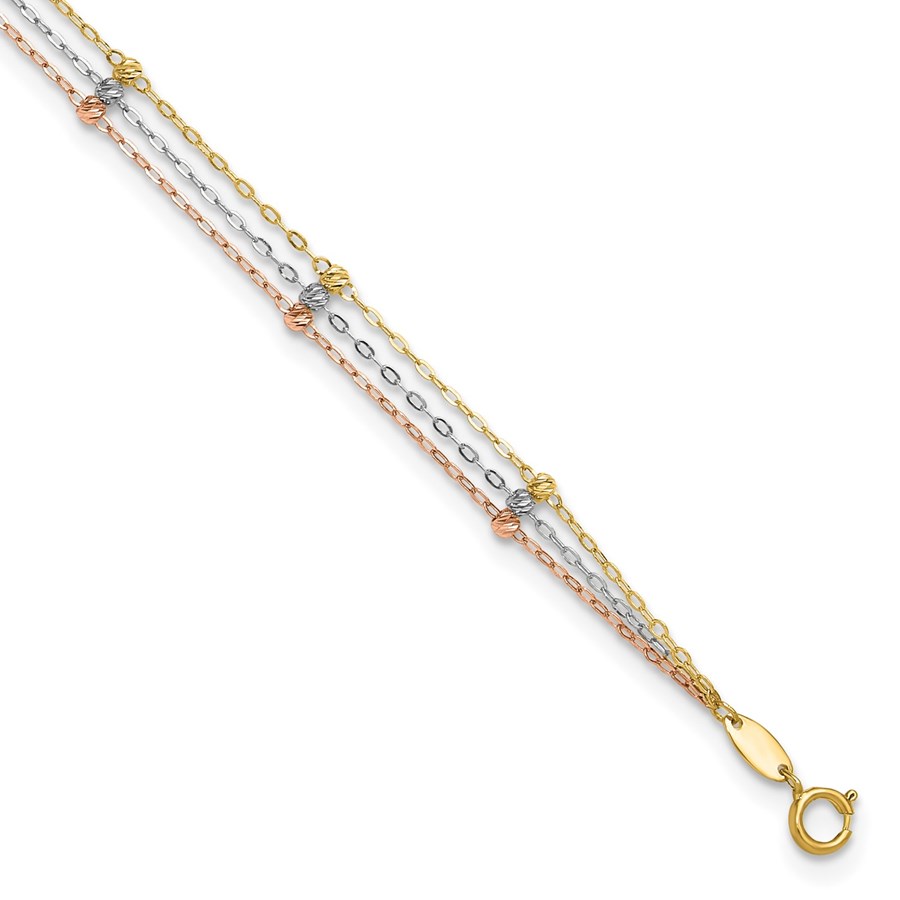 10K Tri Color 3-Strand Diamond-cut Beaded Anklet - 9 in.