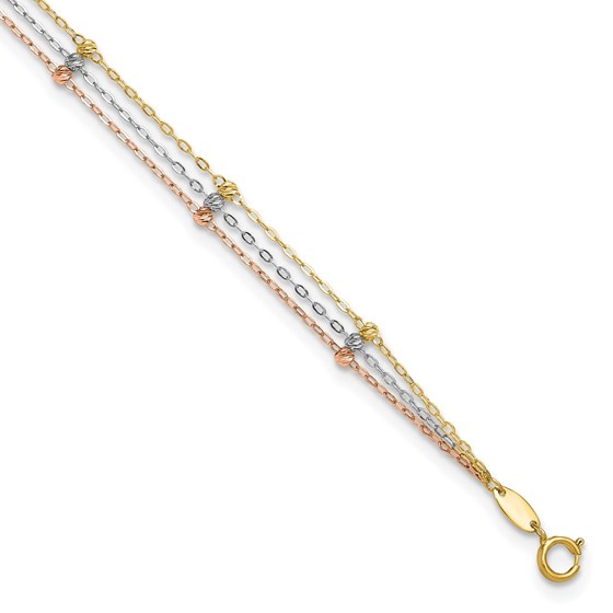 10K Tri Color 3-Strand Diamond-cut Beaded Anklet - 9 in. 10K Tri Color 3-Strand Diamond-cut Beaded Anklet - 9 in.