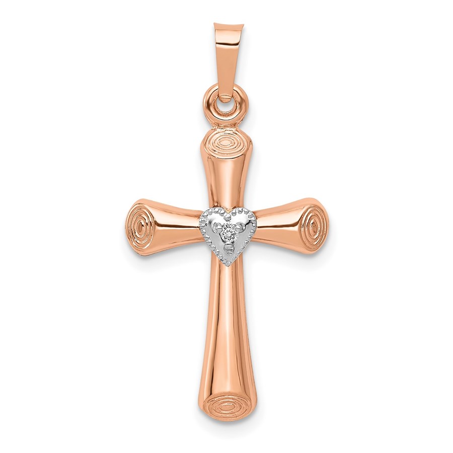 10K Two-tone Diamond Hollow Latin Heart Cross Pendant - 30.5 mm