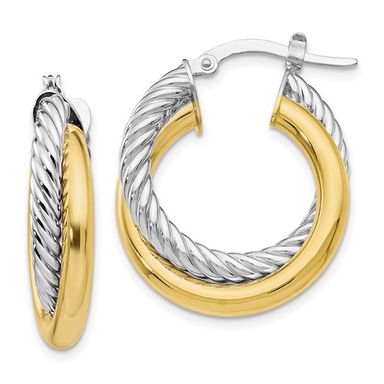10K Two-tone Polished and Textured Hoop Earrings - 27 mm