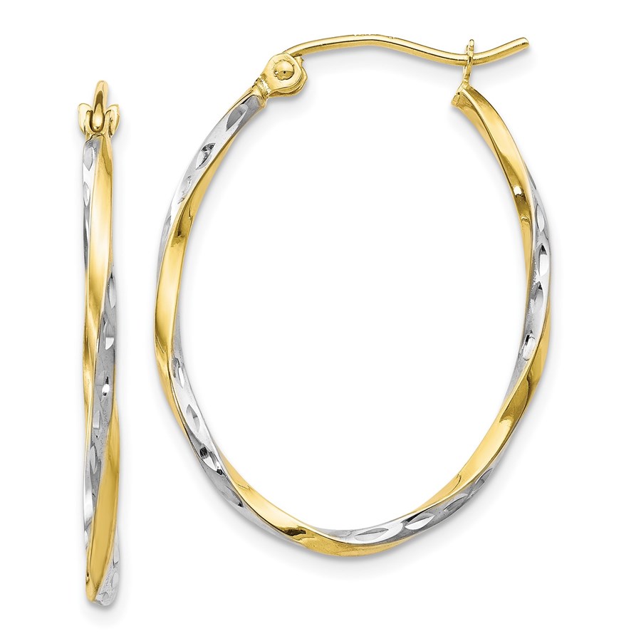 10K w/Rhodium Oval Hinged Hoop Earrings - 30 mm