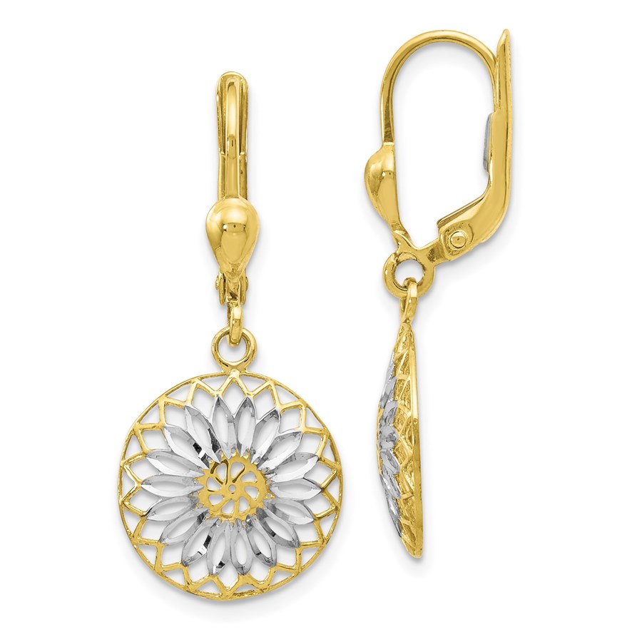 10K w/White Rhodium Polished Leverback Earrings - 30 mm