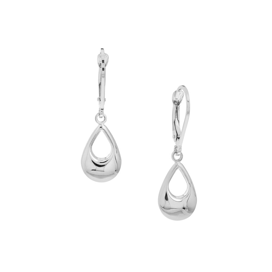 10K White Gold 3D Open Teardrop Leverback Dangle Earrings