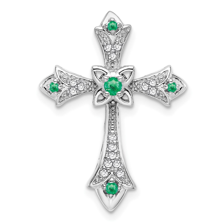 10K White Gold Emerald Fleur de Lis Cross Chain Slide - 25.2 mm
