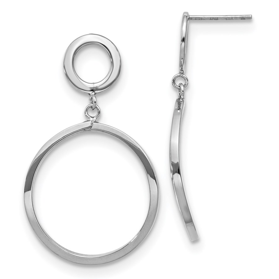 10K White Gold Polished Round Post Dangle Earrings - 37 mm