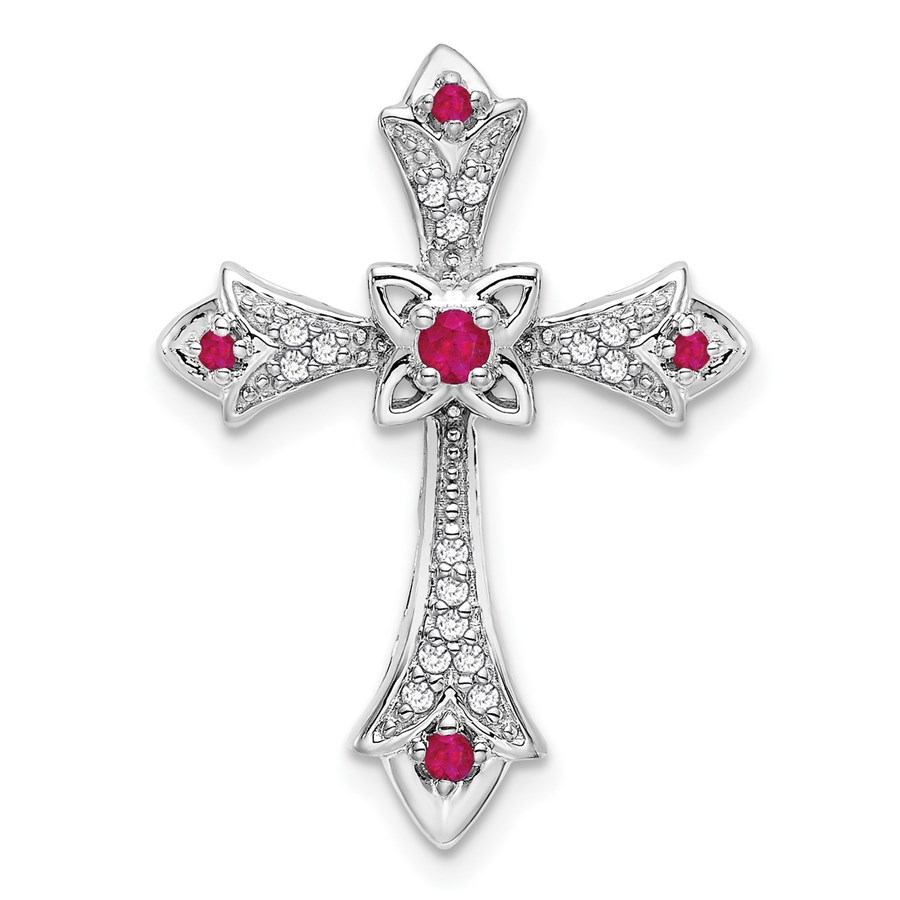 10K White Gold Ruby Diamond Fleur de Lis Cross Slide - 25.2 mm