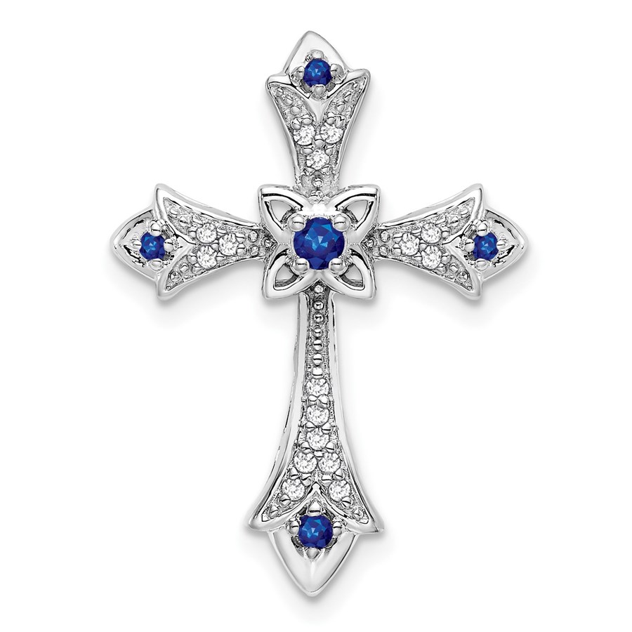10K White Gold Sapphire Fleur de Lis Cross Chain Slide - 25.2 mm