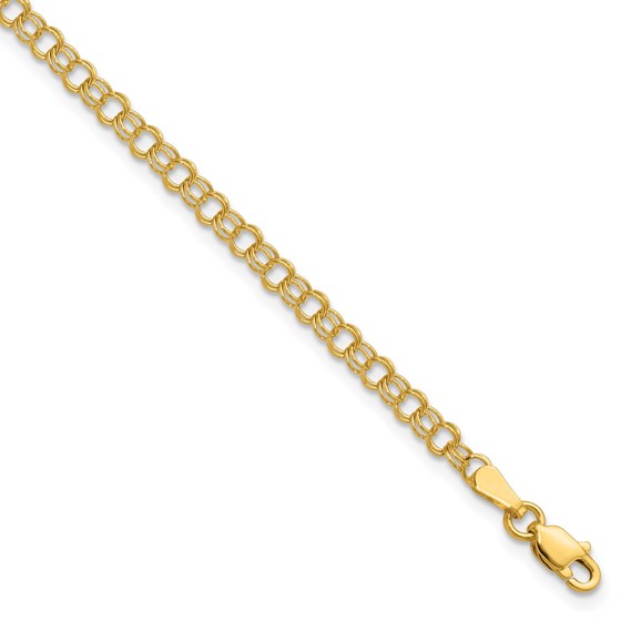 10K Yellow Gold 3.5mm Solid Double Link Charm Bracelet - 7 mm