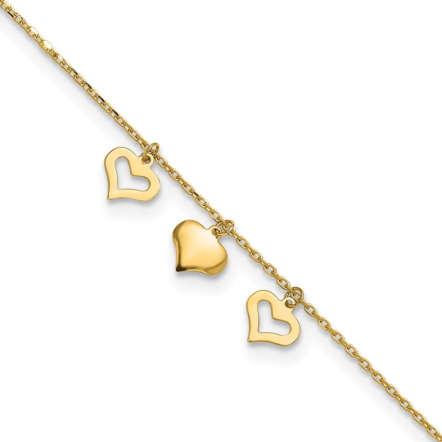10K Yellow Gold 3 Hearts 9in Plus 1in Extension Anklet - 9 in.