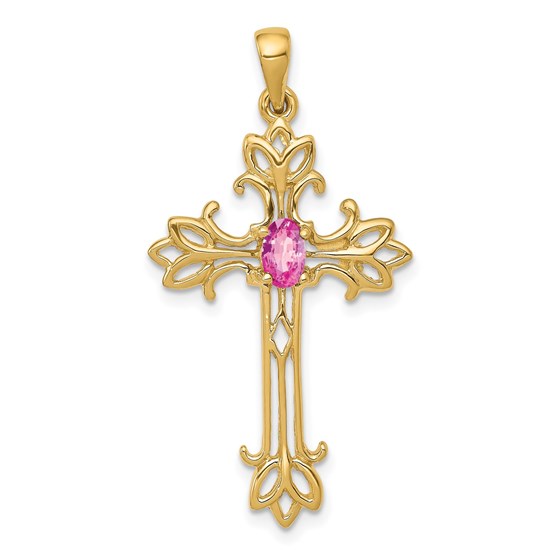 10K Yellow Gold 5x3mm Oval Pink Sapphire cross pendant - 36.6 mm 10K Yellow Gold 5x3mm Oval Pink Sapphire cross pendant - 36.6 mm