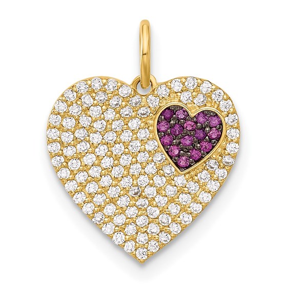 10K Yellow Gold Clear & Red CZ Heart Charm - 19 mm 10K Yellow Gold Clear & Red CZ Heart Charm - 19 mm