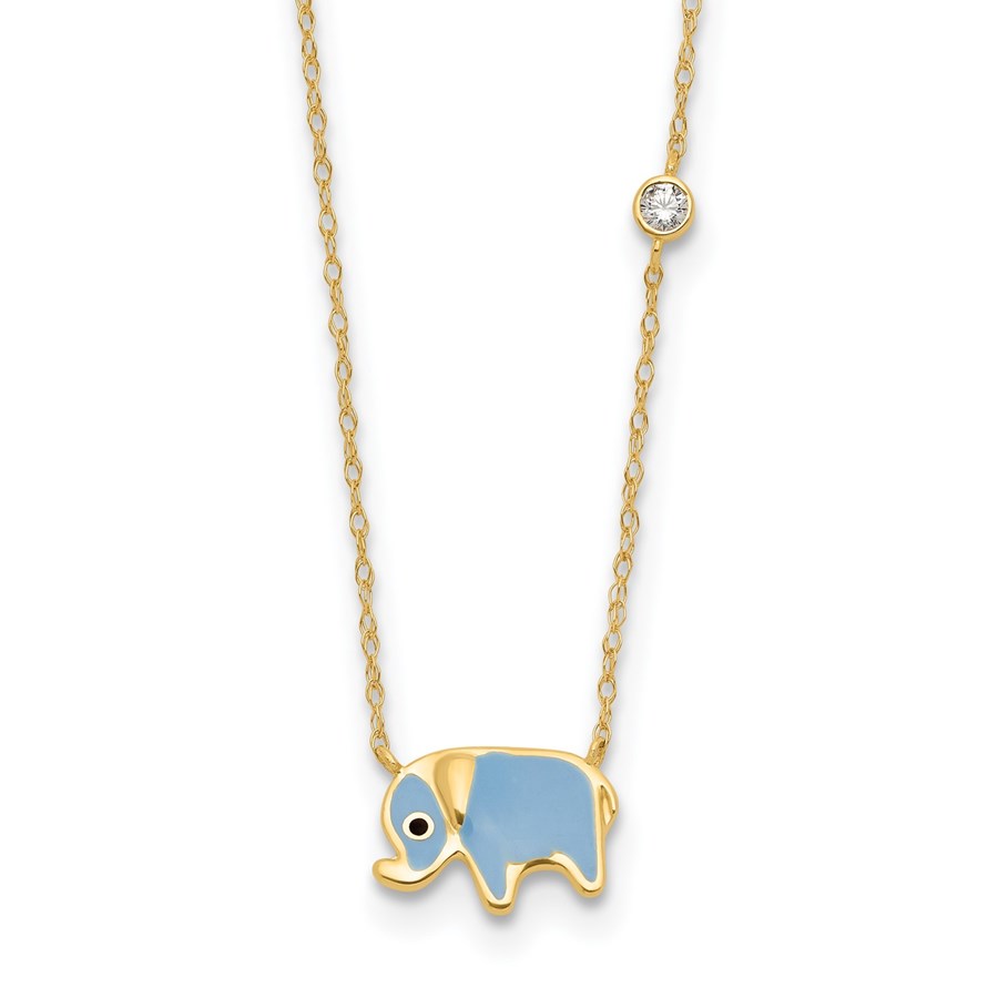 10K Yellow Gold CZ Enameled Elephant Necklace - 18 in.