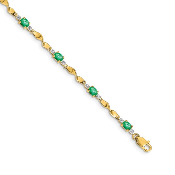 10K Yellow Gold Diamond and Oval Emerald Bracelet - 7 in.
