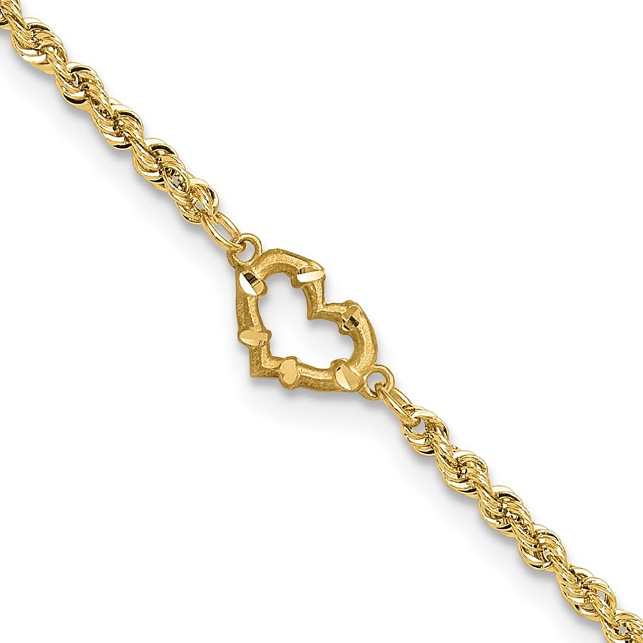 10K Yellow Gold Diamond-cut Open Heart Rope Anklet - 10 in.