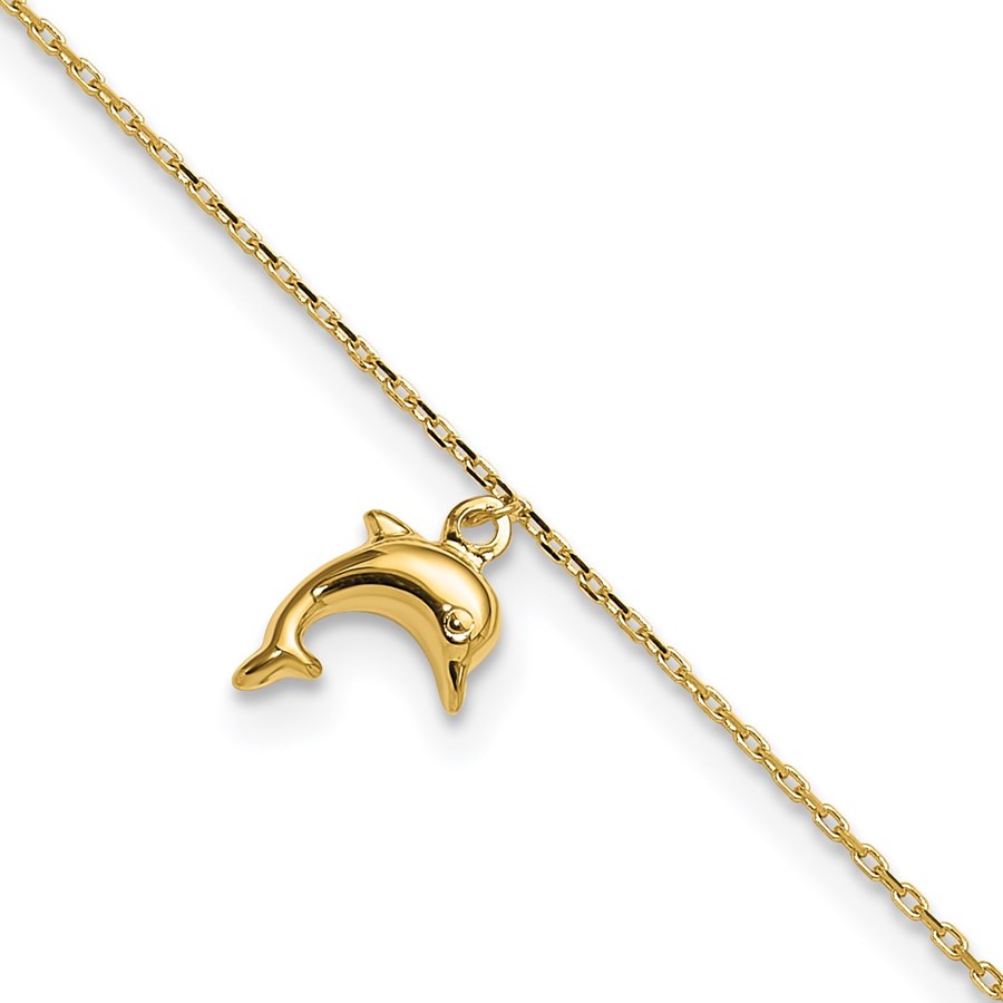 10K Yellow Gold Dolphin Charm Anklet - 9 mm