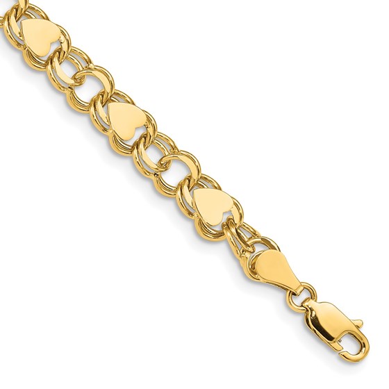10K Yellow Gold Double Link with Hearts Charm Bracelet - 7 mm 10K Yellow Gold Double Link with Hearts Charm Bracelet - 7 mm