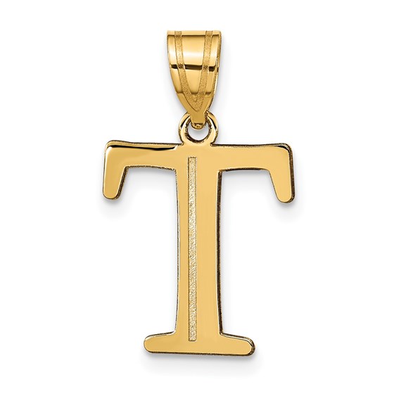 10K Yellow Gold Etched Letter T Initial Pendant - in.