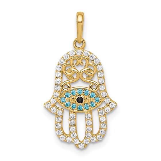 10K Yellow Gold Multi-colored CZ Hamsa Pendant - 22 mm 10K Yellow Gold Multi-colored CZ Hamsa Pendant - 22 mm