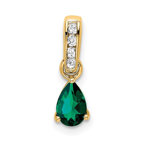 10K Yellow Gold Pear Created Emerald and Diamond Pendant - in.