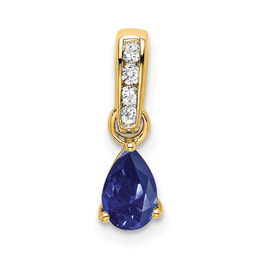 10K Yellow Gold Pear Created Sapphire and Pendant - in.