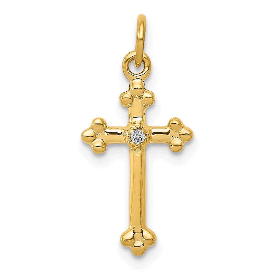 10K Yellow Gold Small Diamond Budded Cross Pendant - 21.5 mm