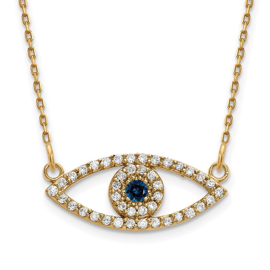 10K Yellow Gold Small Necklace Diamond Sapphire Evil Eye - 18 in.