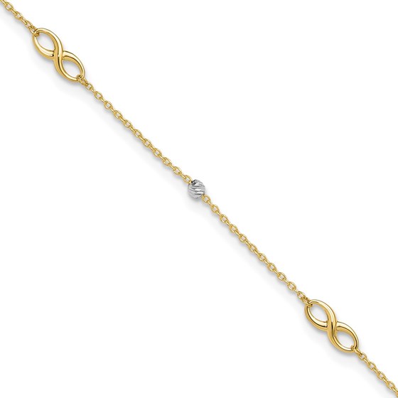 10K Yellow Gold Two-Tone Diamond-cut Beads Anklet - 10 in.