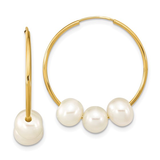 10K Yellow Gold White Pearl Hoop Dangle