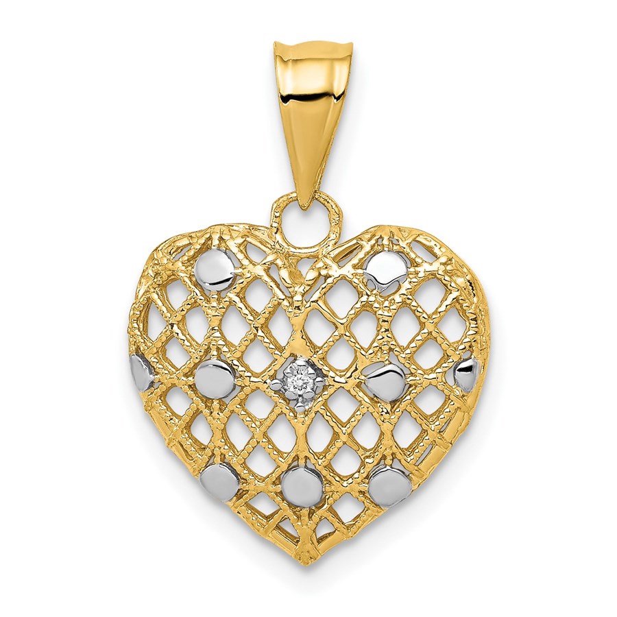 10K Yellow w/Rhodium Diamond Heart Pendant - 22 mm