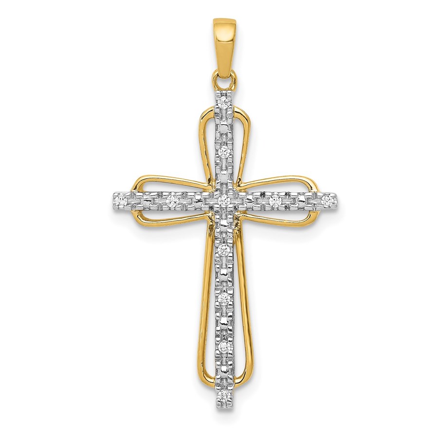 10K Yellow w/Rhodium & rhodium Diamond Cross Pendant - 33 mm