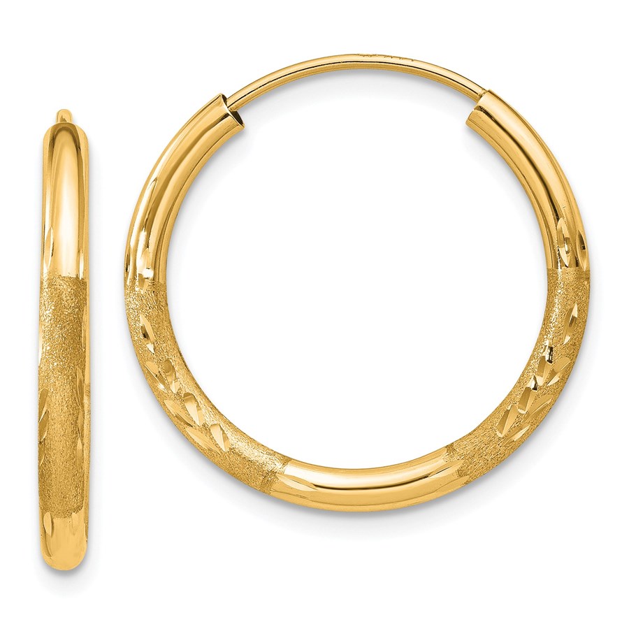 14k 12 mm Satin Diamond-cut Endless Hoop Earrings