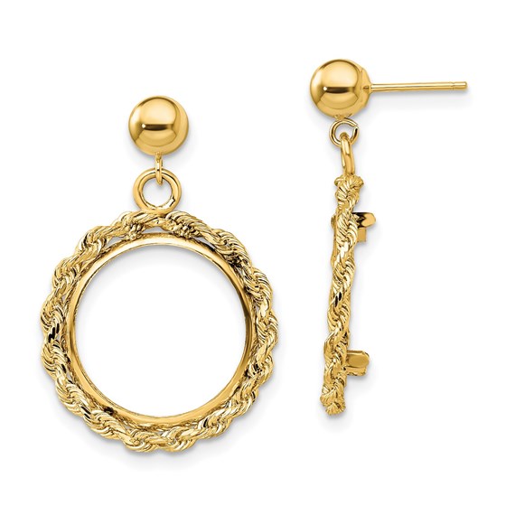14K 2 mm H/M Rope 15 mm Prong Coin Bezel Post Dangle Earrings 14K 2 mm H/M Rope 15 mm Prong Coin Bezel Post Dangle Earrings