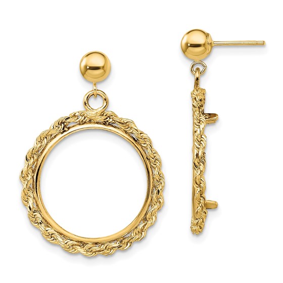 14K 2 mm H/M Rope 16.5 mm Prong Coin Bezel Post Dangle Earrings 14K 2 mm H/M Rope 16.5 mm Prong Coin Bezel Post Dangle Earrings