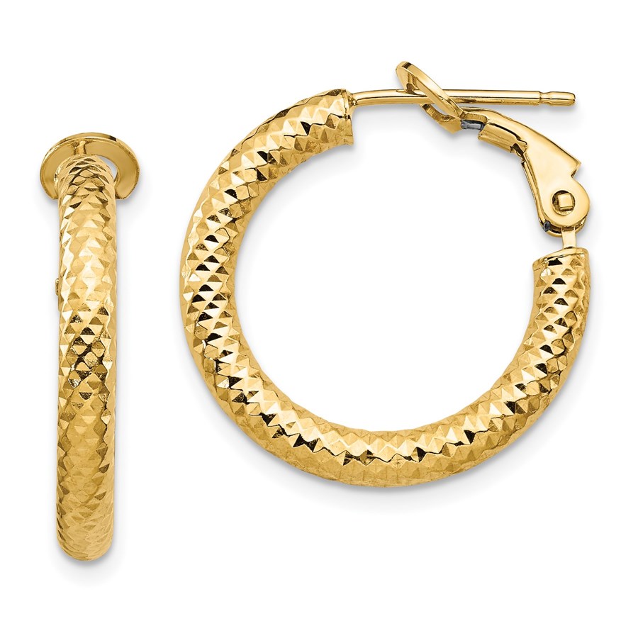 14K 3x15 D/C Round Omega Back Hoop Earrings - 21.4 mm