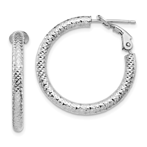 14K 3x20 White Gold D/C Round Omega Back Hoop Earrings - 27.17 mm 14K 3x20 White Gold D/C Round Omega Back Hoop Earrings - 27.17 mm