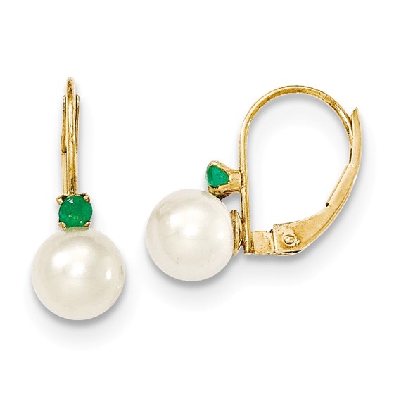 14k 6-6.5 mm Cultured Pearl & .07ct. Emerald Leverback Earrings
