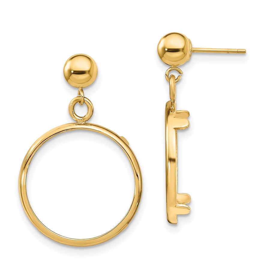 14K Classic 16.5 mm Prong Coin Bezel Post Dangle Earrings