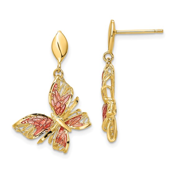 14K D/C Pink Enamel Butterfly Post Dangle Earrings - 28 mm 14K D/C Pink Enamel Butterfly Post Dangle Earrings - 28 mm