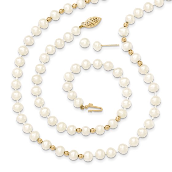 14k Gold Bead Cultured Pearl Necklace, Bracelet, Earring Set 14k Gold Bead Cultured Pearl Necklace, Bracelet, Earring Set