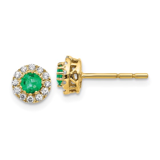14k Gold Diamond and Emerald Halo Post Earrings - 6 mm 14k Gold Diamond and Emerald Halo Post Earrings - 6 mm