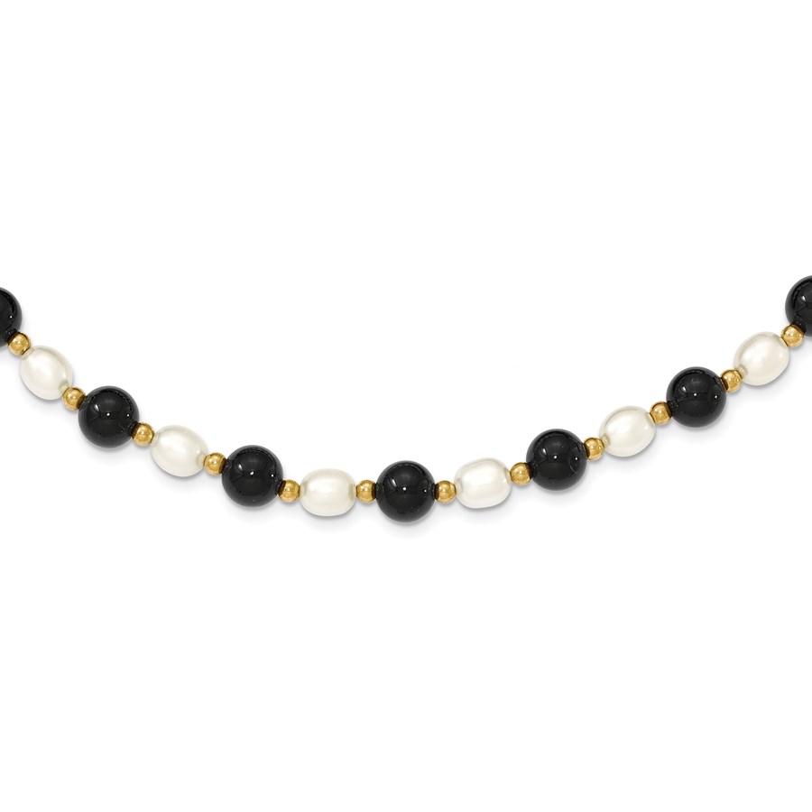 14k Gold Polished 6-6.5 mm White Cultured Pearl & Onyx Necklace