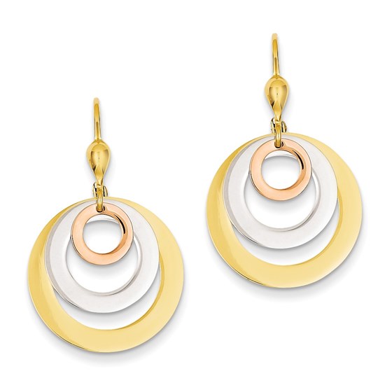 14k Gold Tri-color Circle Leverback Dangle Earrings 14k Gold Tri-color Circle Leverback Dangle Earrings