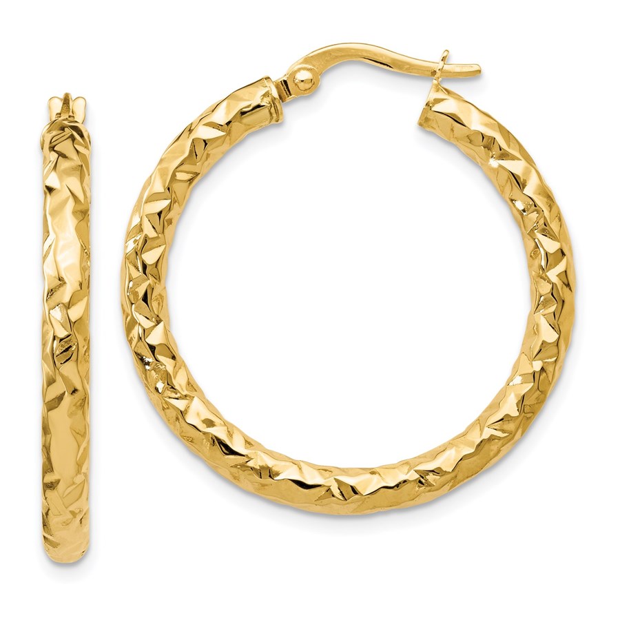 14K Polished and Textured Hoop Earrings - 30 mm