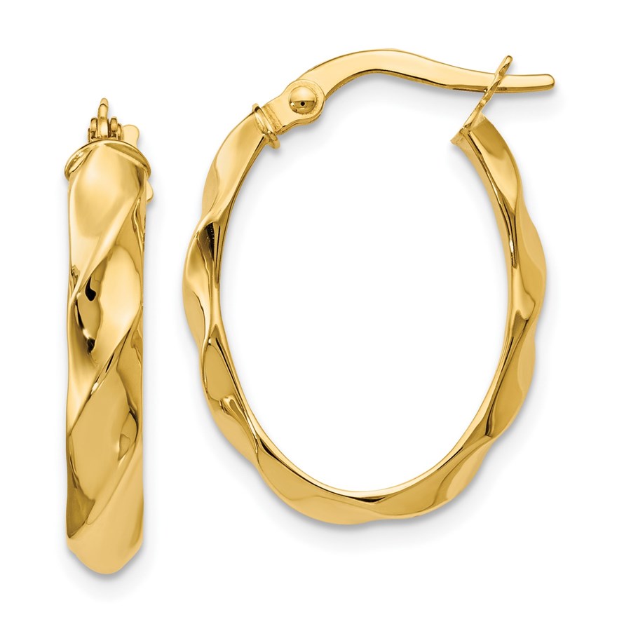 14K Polished and Twisted Oval Hoop Earrings - 22 mm