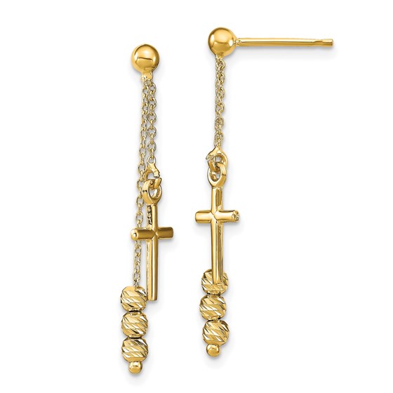 14K Polished D/C Cross Beaded Post Dangle Earrings - 31.99 mm 14K Polished D/C Cross Beaded Post Dangle Earrings - 31.99 mm