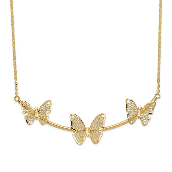 14K Polished Filigree 3-Butterfly Bar Necklace - 18 in.