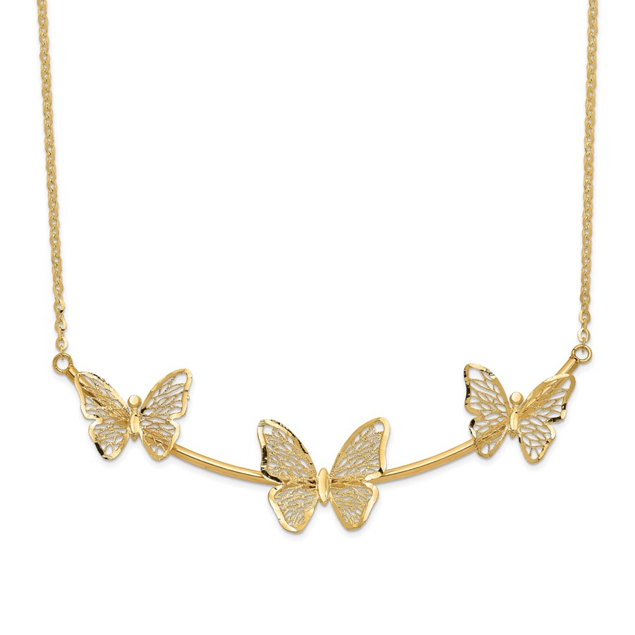 14K Polished Filigree 3-Butterfly Bar Necklace - 18 in.