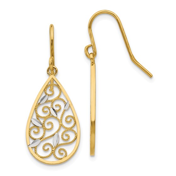 14k & Rhodium Diamond-cut Filigree Teardrop Wire Earrings 14k & Rhodium Diamond-cut Filigree Teardrop Wire Earrings