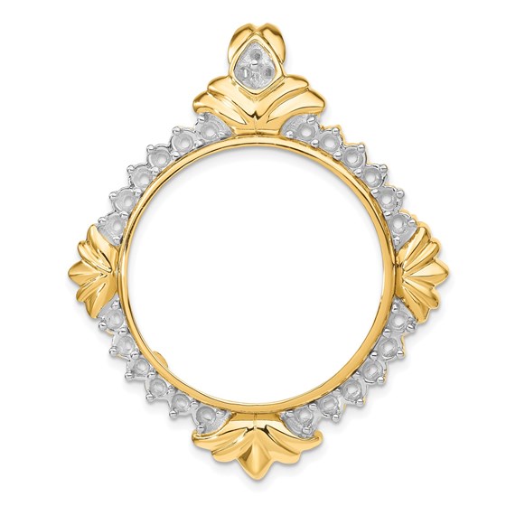 14K Rhodium Fancy Diamond 27 mm Prong Coin Bezel Chain Slide Mtg 14K Rhodium Fancy Diamond 27 mm Prong Coin Bezel Chain Slide Mtg