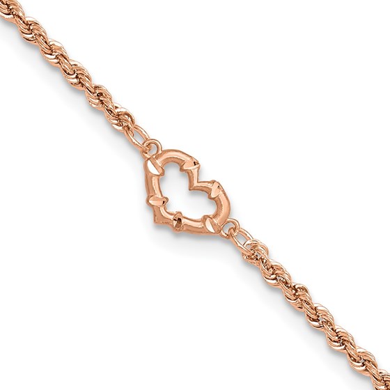 14K Rose Gold Diamond-cut Rope Heart Anklet - 11 in.